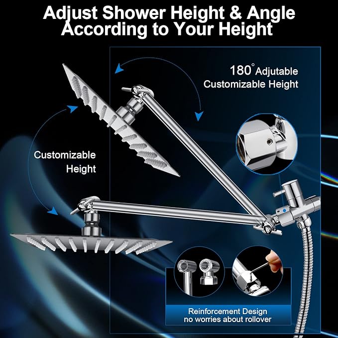 Shower Head Combo,10 Inch High Pressure Rain Shower Head with 11 in Adjustable Extension Arm and 5 Settings Handheld,Powerful Shower Spray Against Low Pressure Water with Long Hose