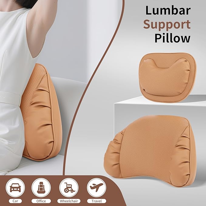 Lumbar Support Pillow for Car Seat, Memory Foam Leather Lumbar Pillow for Lower Back Pain Relief - Back Cushion for Driving - Chair Support for Office Chair, Palomino Brown, 1 Pack