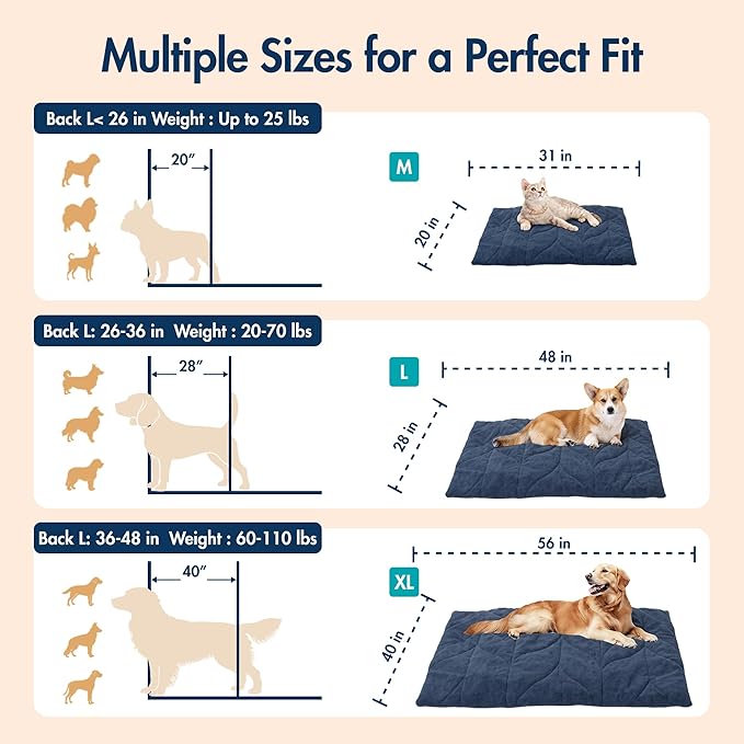 Vagascape Dog Bed, Waterproof Pet Bed with Washable Removable Cover, Comfort Cat Dog Pad for All Seasons, Heating Navy Blue Rectangle Cat Mat with Nonskid Bottom(48"x28")