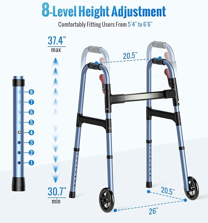 HOMLAND Walkers for Seniors, One-Hand Folding, 8 Height Adjustments, Walkers with Wheels, 2 Skis and 5" Wheels, Lightweight Walker for Seniors, Standard Walkers for Seniors, Aluminum Frame, Blue