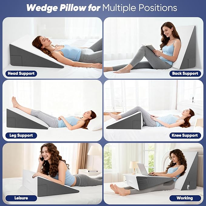 12 inch Bed Wedge Pillow for Adults Seniors, Cooling Memory Foam Incline Pillow for Sleeping, Reading & Resting, Back Support and Leg Elevation, Ideal for Couch, Bedroom & Living Room