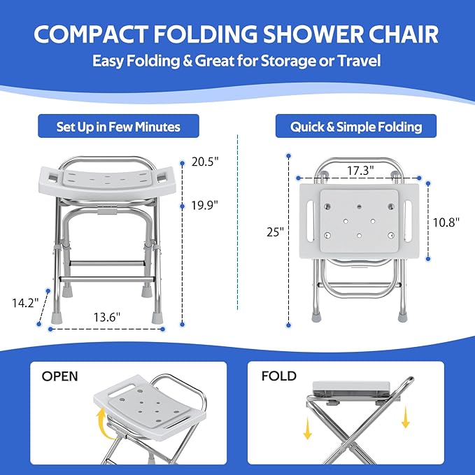 Folding Shower Seat - Stainless Steel Shower Chair for Inside Shower - 420lbs Height Adjustable Foldable Shower Stool - Portable Travel Collapsible Bath Bench for Elderly, Handicap & Disabled