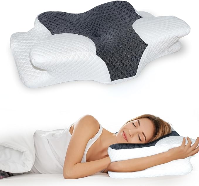 Cervical Neck Pillow for Pain Relief, Hollow Design Memory Foam Bed Pillow for Side & Back Sleepers, Ergonomic Orthopedic Bed Pillow with Adjustable Support (White with Black)