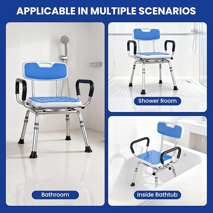 Deluxe Swivel Shower Chair with Arms & Back by CZMY, 360° Locking Seat, 5-Level Height Adjustable, Padded Heavy-Duty Bath Chair, 300 lbs, for Seniors, Elderly, Handicap & Disabled Blue