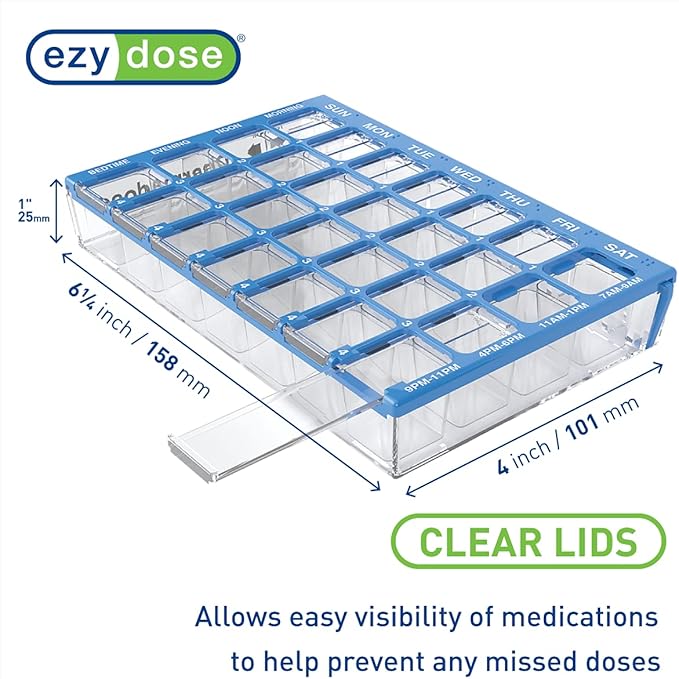 EZY DOSE Weekly AM/PM (7-Day) Daily Pharmadose Pill Planner, Medicine Case, Vitamin and Supplement Organizer, Small Easy Fill Compartments, 4 Times a Day, 28 Compartments, Blue, BPA Free