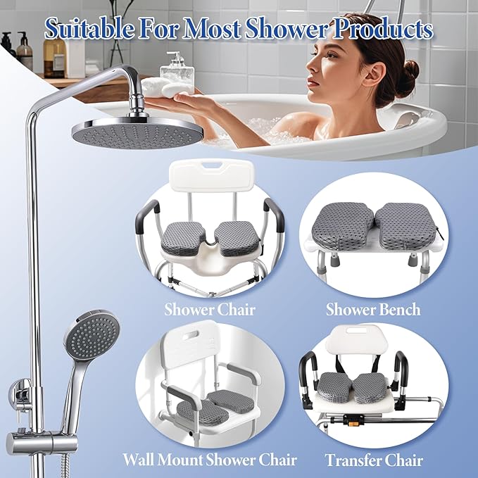 U Shaped Shower Seat Cushion, Quick Drying Shower Chair Cushion, Bathtub Chair Pad with 4D Air Fiber Materia, Shower Seat Mat with Mesh Cover and Hook, for Elderly, Senior, Handicap, Disabled