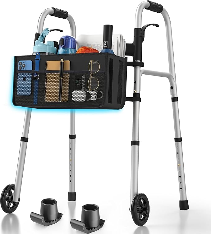 Folding Walkers for Seniors with Basket and Glide Skis, 5" Wheels Lightweight Rolling Walker, Support Up to 350 lbs, Height Adjustable Standard Compact Walker, Silver