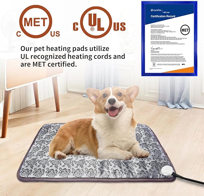 GOLOPET Dog Heating Pad 28x18in with Smart Thermostat Switch and Power Line Protection Tube,Obtained MET and UL Dual Certification,Waterproof Puppy Heating pad-Rose