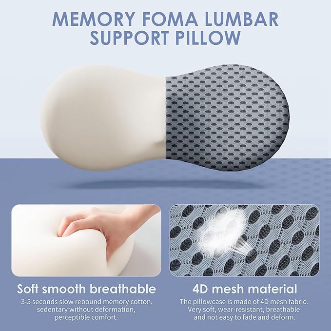 kasney Lumbar Support Pillow, Memory Foam Lumbar Pillow for Lower Back Pain Relief, Back Support Pillow for Office Chair, Car Seat - Gray
