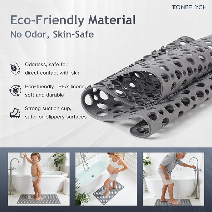 Non Slip Bath Mat for Shower & Bathtub - 30x17 Inch with Strong Suction Cups and Drain Holes, Quick-Dry, Machine Washable Floor Mat for Elderly, Kids & Pets
