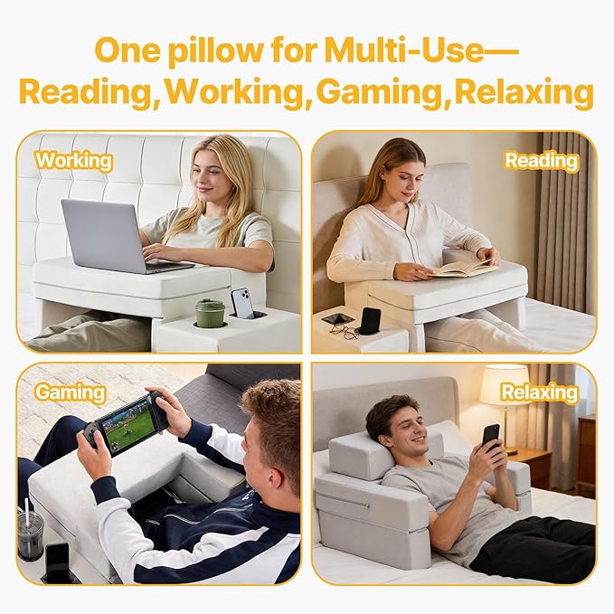 Reading Pillow Lap Desk with Storage Coaster, Adjustable Ergonomic Arm Rests for Laptop, Gaming, Reading, Working on Bed, Couch & Floor for Adults, Square, Grey