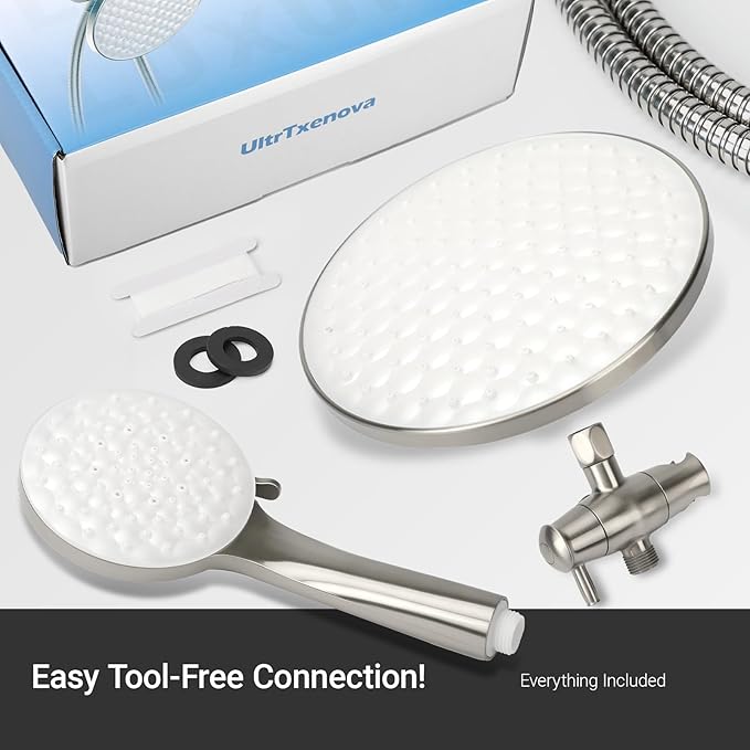 dual shower head with handheld combo,8.6 inch Rainfall showerhead,6 settings hand held shower heads with hose (Brushed Nickel)