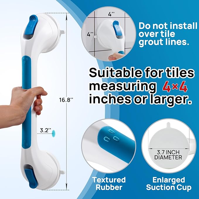 LEVERLOC Grab Bars for Shower 2 Pack, Suction Grab Bar Shower Handle for Bathroom Removable Handrails for Seniors Elderly Heavy Duty Safety Grip Waterproof Drill Free,Blue