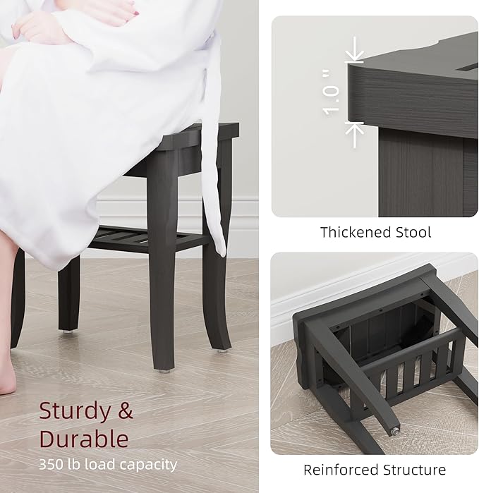 Bamboo Shower Bench, Spa Small Shower Stool for Inside Shower Waterproof, Bathroom Bench Seat with Storage Shelf for Adults Elderly Seniors, Wood Chair for Indoor or Outdoor Use, Black