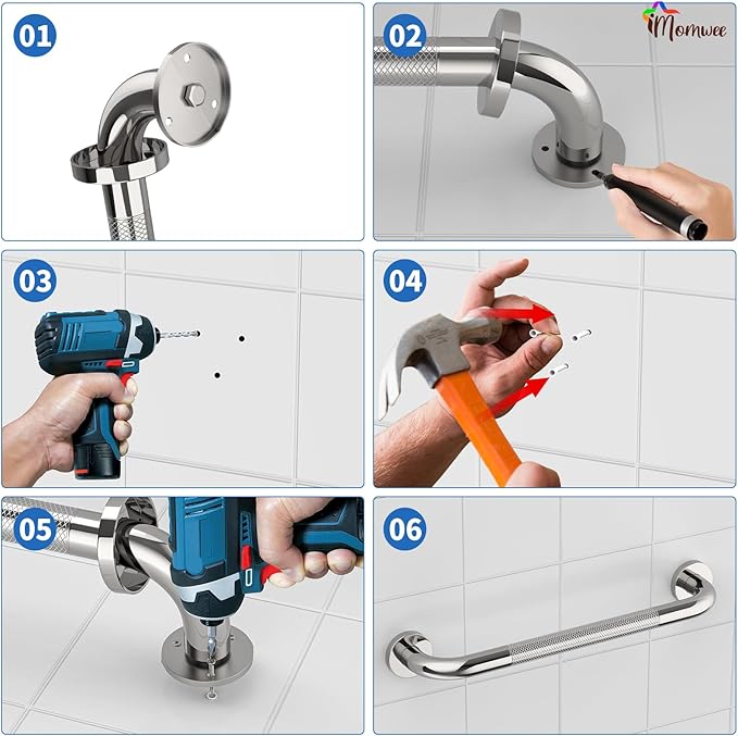 Anti-Slip Chrome Grab Bar 16 Inch, iMomwee 2 Pack Stainless Steel Bathroom Grab Bar w/Knurled Grip, Safety Shower Grab Bar for Wall, Toilet Balanced Support Bar Bathtub Assist Handle for Elderly