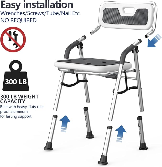 Foldable Shower Chair for Inside Shower with Arms and Back, Shower Chair for Elderly and Disabled with Adjustable Height,Folding Bath Chairs for Seniors,Quick-Assembly & Comfortable