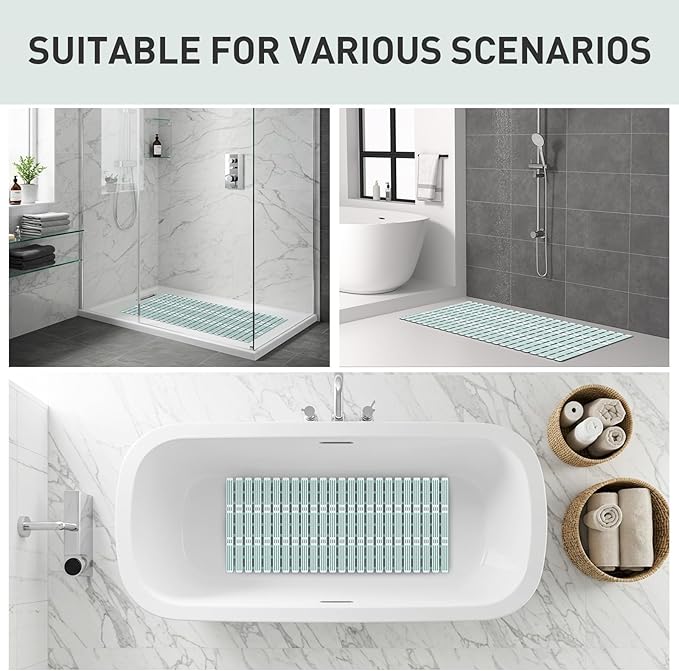 XIYUNTE Shower Mat Non Slip Bath Mat for Tub - 36 x 16 Inch Bathtub Mat Non Slip Shower Mats for Inside Shower, TPE Bath Mat with Suction Cups and Drain Holes, Easy to Cut, Green