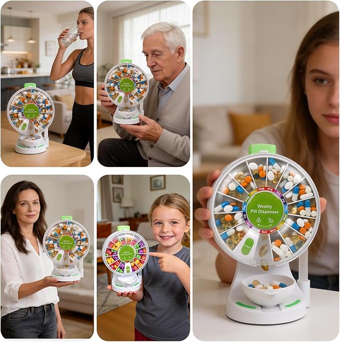 Stand-Up Pill Dispenser - Daily Medication Organizer for Seniors, No-Flip/Easy-Press Design, Wall-Mountable or Free-Standing, 14 Large Compartment Pill Box for Vitamin, Medicine, Supplement