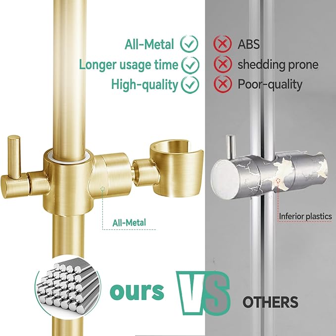 Shower Slide Bar Adjustable Handheld Shower Head Holder Wall Mount - 15inch All-Metal Shower Head Slide Bar Compatible with Bathroom Drill Free Glue Installation - Brushed Gold