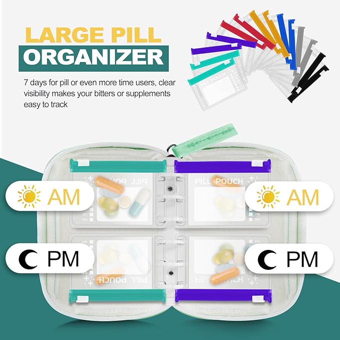 Timueetech A7 Waterproof Pill Organizer with 14 S Zippered Pill Pouches for A7 Binder, Small BPA-Free Weekly Medicine Organizer, Color-Coded Reusable Travel Pill Storage System
