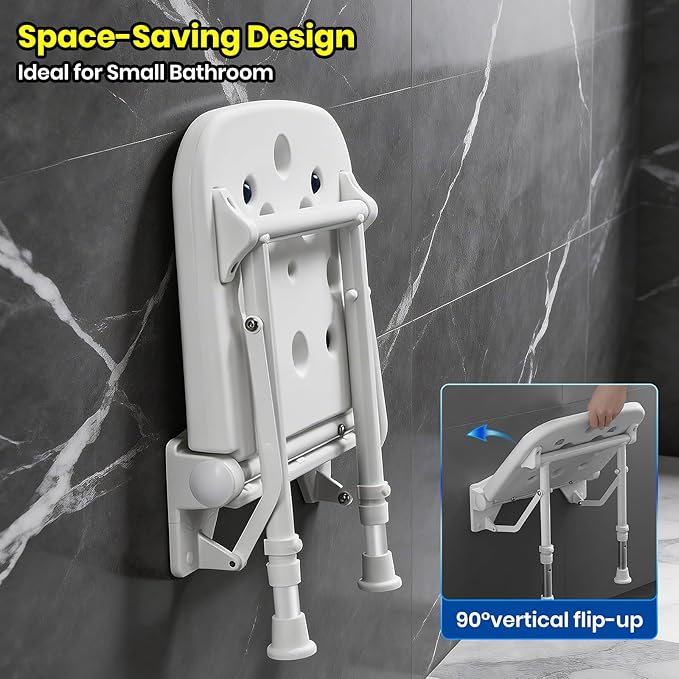 Wall Mounted Shower Seats w/PU Cushion Support 550lbs, Adjustable Height Folding Shower Chair Wall Mounted for Elderly-Adults-Pregnants-Seniors-Disabled
