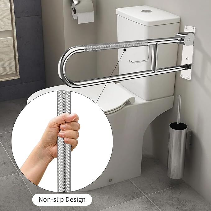 Toilet Grab Bar 30.3 Inch, YuanDe Flip Up Grab Bar with Paper Holder, Polished Chrome Anti-Slip Safety Bars for Toilet, Stainless Steel Knurled Toilet Handles for Seniors Disabled Elderly Pregnant