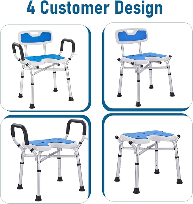Shower Chair for Elderly and Disabled: U-Shape Shower Seat with Non-Slip Silicon Pad for Bariatric with Arms & Back, Height Adjust & 500lbs Heavy Duty Shower Chair for Inside Shower