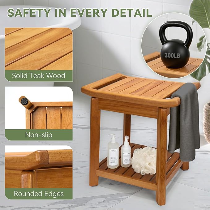 17" Teak Shower Chair with Storage Shelf & Handle, Non-Slip Waterproof Wooden Shower Bench, Stable Bathroom Seat and Heavy Duty Shower Stool for Tub or Indoor Use, Ideal for Elderly, Recovery
