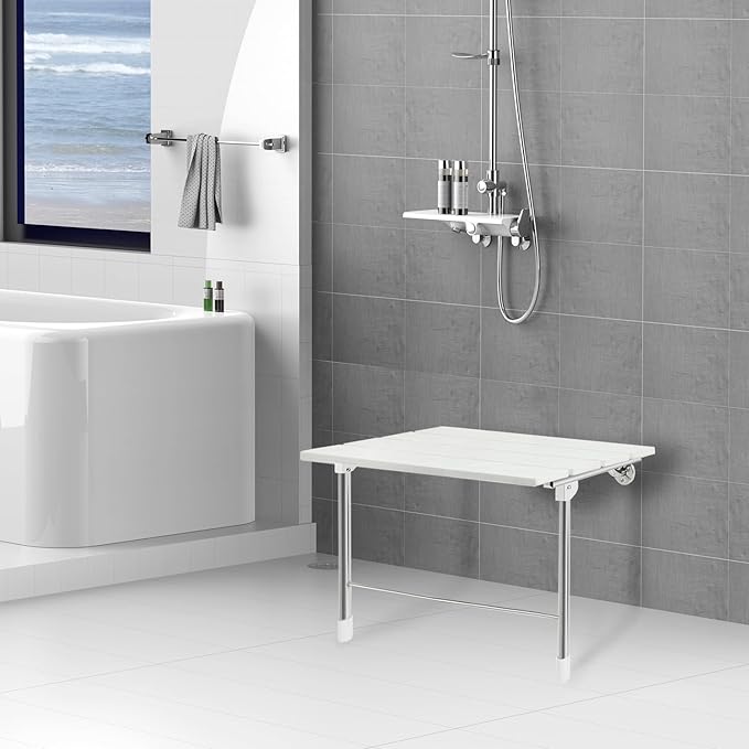 Folding Shower Seat Wall Mounted with Legs, Foldable Shower Chair for Inside Shower, Fold Down Shower Bench for Seniors (White, Fixed Height Plus)