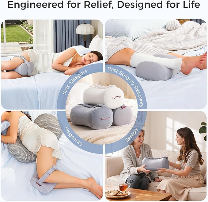 Momcozy Knee Pillow for Side Sleepers, Soft Memory Foam & Pinch-Free Design, Relieve Knee, Leg and Sciatica Pain, Adjustable Elastic Strap Ideal for Pregnant Women and Seniors, Cooling Cover, Gray