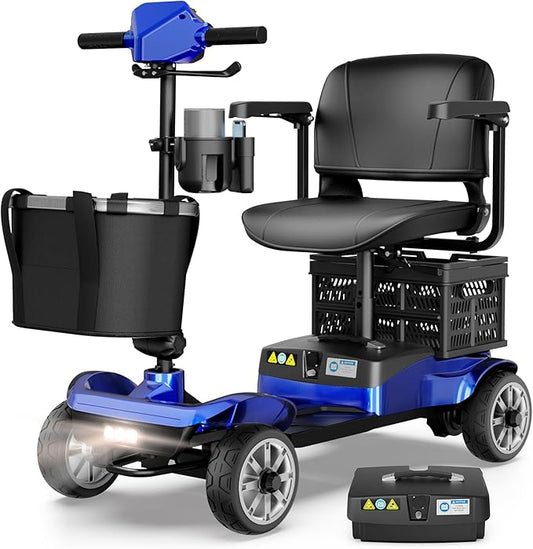 Mobility Scooter for Adults & Seniors with Removable Spare Battery - 24.8 Miles Total Range, Cruise & Airport Approved, Foldable Motorized Scooters with Dual Basket, Phone & Cup Holder, Blue