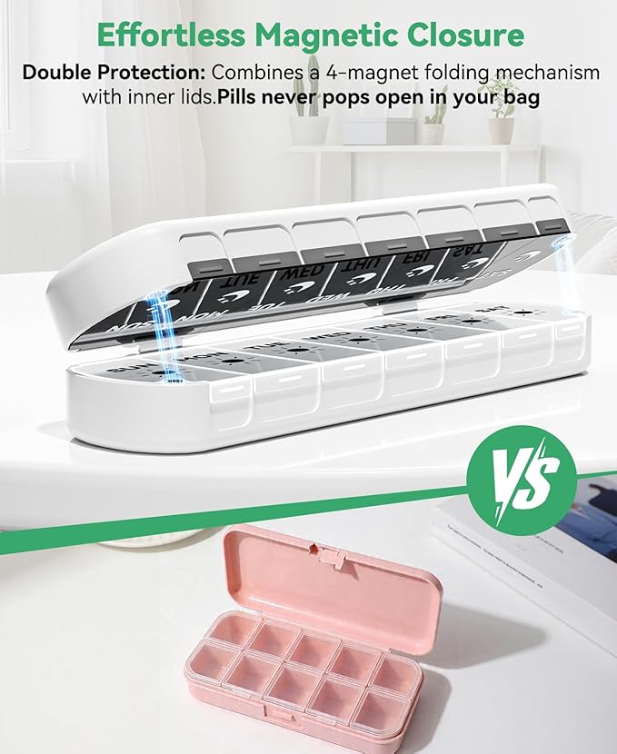 Weekly Pill Organizer 2 Times a Day, Moisture-Proof 7 Day Pill Box AM PM, Foldable Travel Medicine Organizer with Magnetic Closure for Vitamins, Supplements and Fish Oils