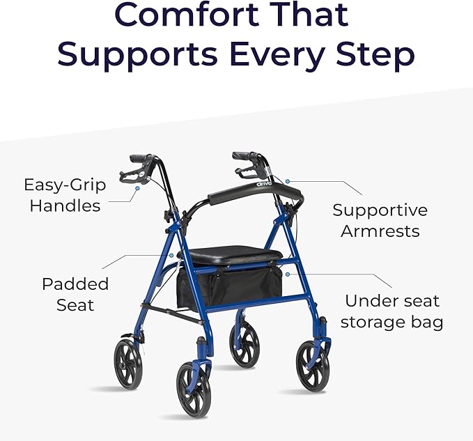 Drive Medical Rollator Walker with Seat - Stable Mobility Support - Height Adjustable - Durable Steel Frame Construction - Smooth 7.5" Wheels - Foldable - 350 Lb Limit - Blue