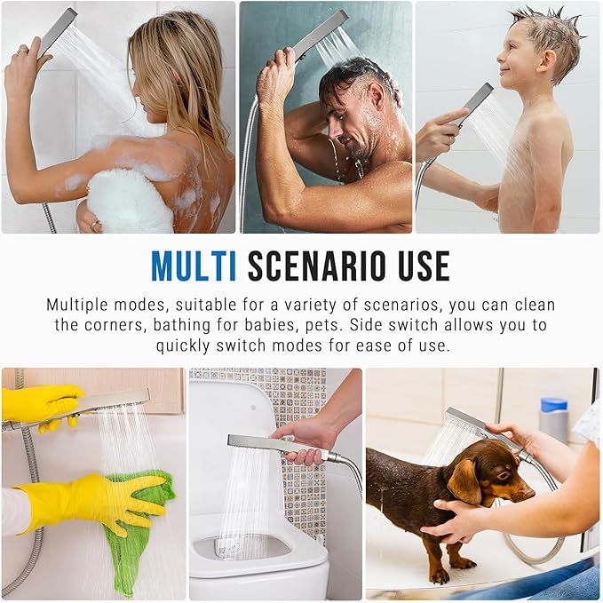 G-Promise All Metal Square 3 Function Handheld Shower Head, Easy and Quick Switch to Massage Mode, Bathroom Shower Wand Design Exquisite Luxury, 2.5 GPM, Brushed Nickel