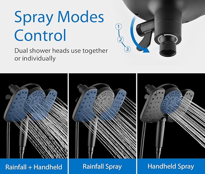 INAVAMZ Black Shower Heads with Handheld Spray Combo 2.5GPM: 10” Rainfall Shower Head & Detachable Shower Head, 9 Spray Settings Handheld Shower Head with ON/OFF Switch and 15-Stage Filter