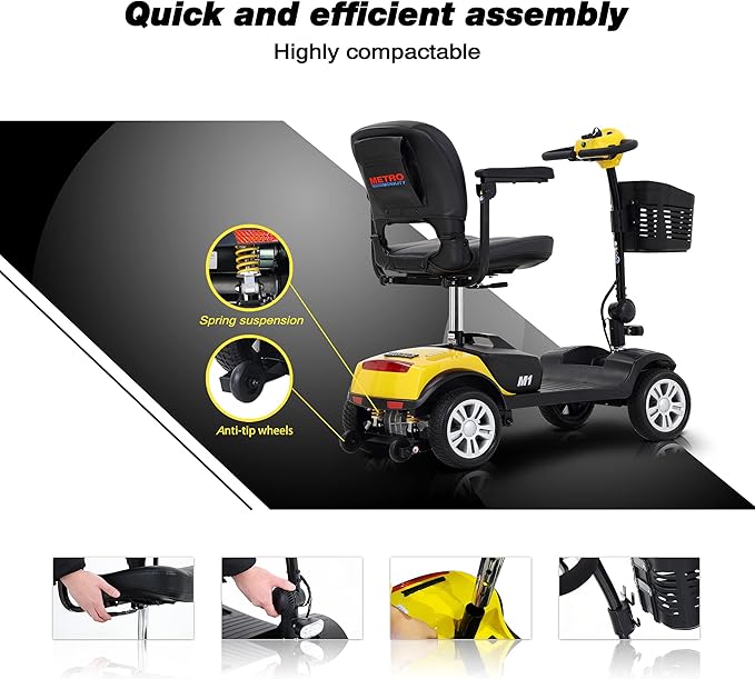 Metro Mobility 4 Wheel Electric Folding Mobility Scooters for Seniors - 300 lbs Capacity Motorized Scooter for Adults, Travel - 300W Powerful Motor - Yellow