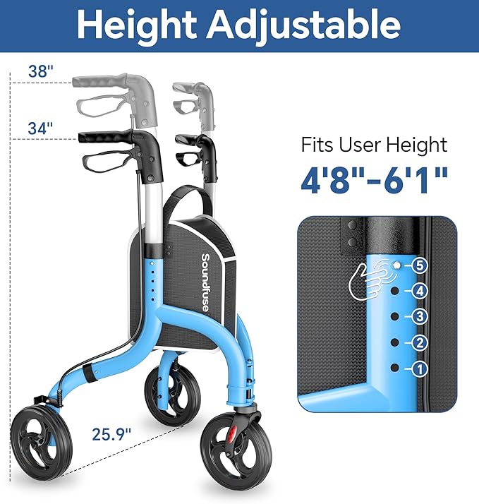 SOUNDFUSE 3 Wheel Walkers for Seniors, Lightweight Foldable Aluminum Rollator Walker, Height Adjustable Three Wheel Walker, Blue