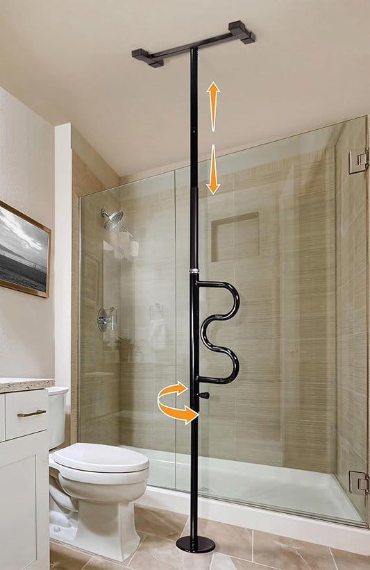 Stander Wonder Pole, Security-Pole and Curve Grab Bar, Tension Mounted Floor to Ceiling Transfer-Pole for Seniors, Elderly Adults, Bathroom Safety Assist and Stability Rail, Black