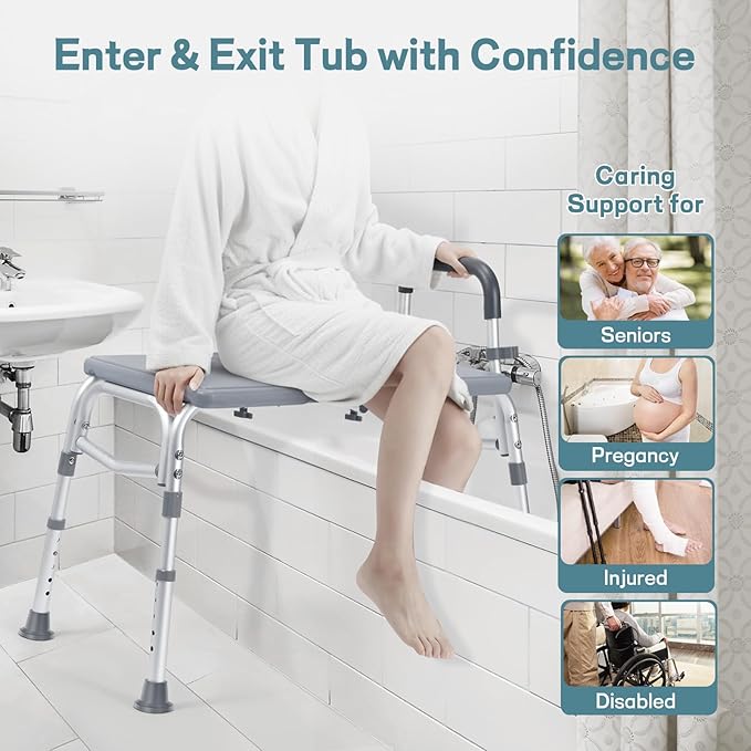 500lb Heavy Duty Shower Bench, Tool-Free Tub Transfer Bench with Arms & Back, Height Adjustable Handicap Shower Seat, Non-Slip Bath Safety Chair for Elderly & Surgery-Gray