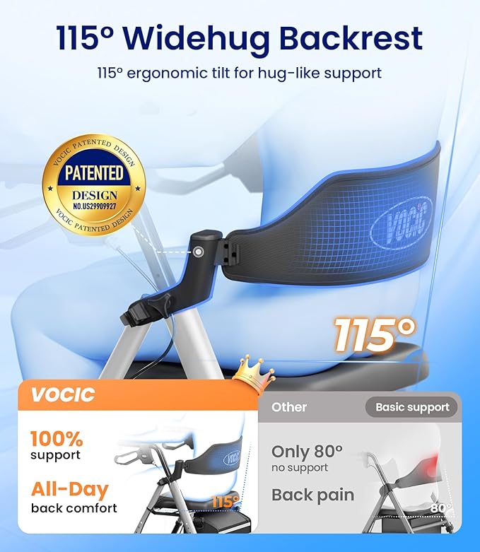 VOCIC Walkers for Seniors, Z21 Rollator Walker with Seat Supports 350lb, 8" Big Wheels for All Terrain, Ergonomic Arc Seat & 6" Ultra Backrest Foldable Walker, Dual Height Adjustment, Lightweight 2026
