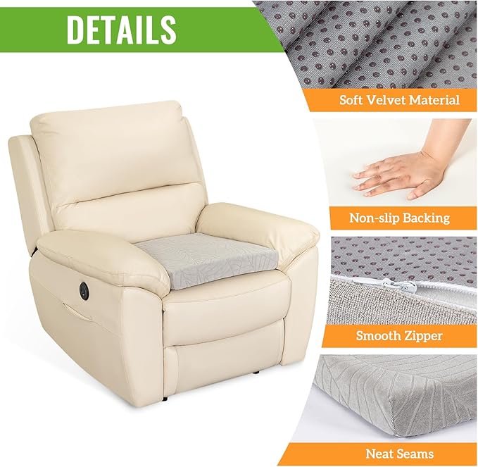 Recliner Cushions for Long Sitting Foam Seat Cushion Soft Tufted Layer for Elderly Seniors, Recliner Chair, Floor Pillow, Office Chair, Car, No Pressure on Thighs, 20X20X3 Inch - Light Grey