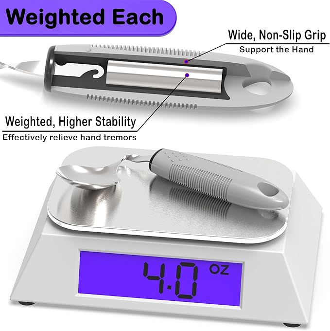 Weighted Parkinsons Utensils for Hand Tremors, Weighted Silverware for Parkinsons Patients Arthritic Hands, Built Up Utensils for Adults, Adaptive Eating Utensils for Disabled People Elderly