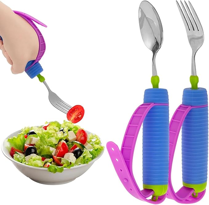 Adaptive Utensils for Arthritis, Parkinson’s & Hand Tremors – 360° Rotating Weighted Fork and Spoon with Adjustable Silicone Strap, Non-Slip Handle, Promote Independent Eating for Elderly