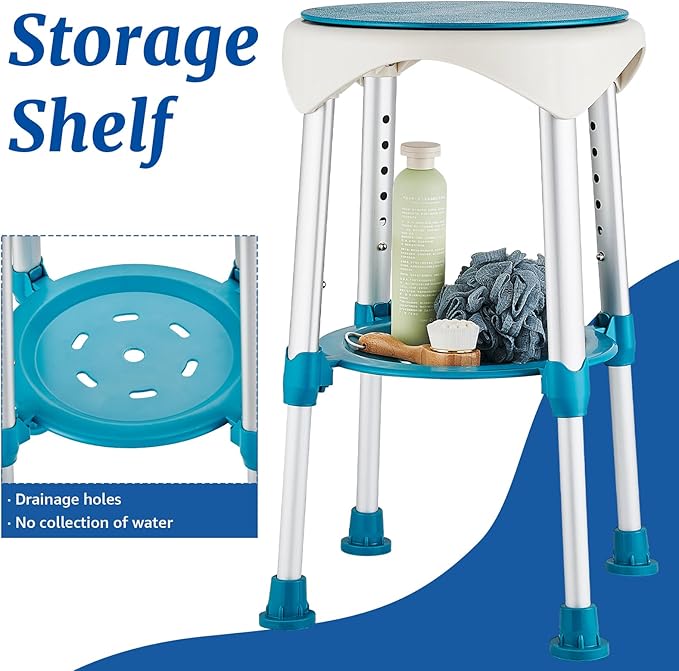 Shower Stool Chair for Inside Shower, Small Corner Plastic Stool for Shower 300 Lb,360° Swivel Bath Shower Seat for Seniors Adults Sitting, Adjustable Bathtub Stool with Storage Tray