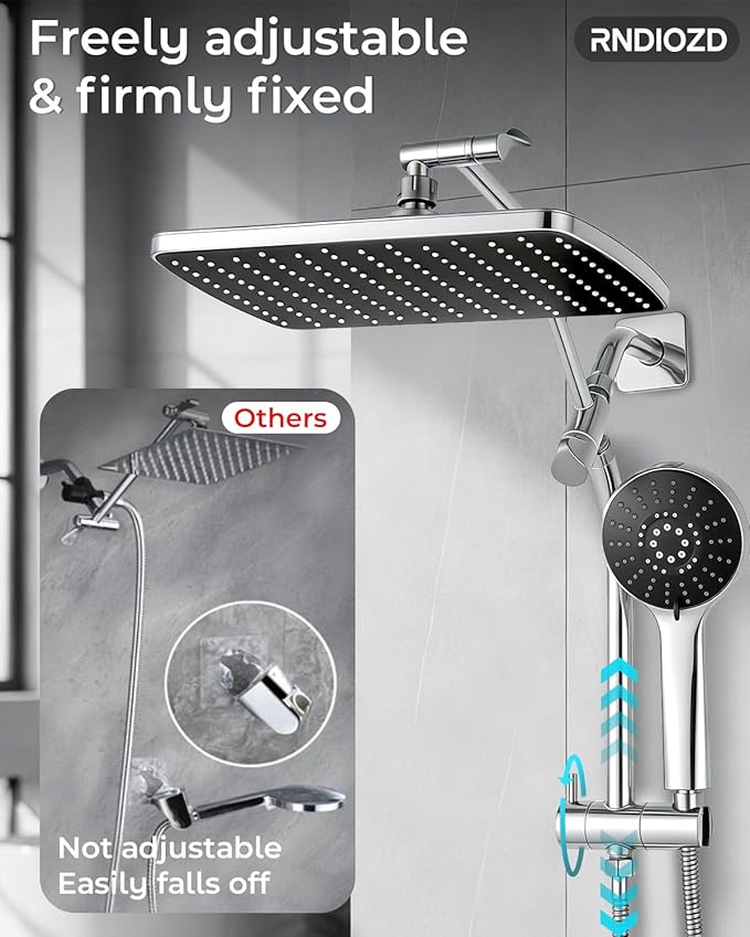 11.8" Rain Shower Head with Handheld, High Pressure Handheld Shower with Multi Spray Modes, Rainfall Combo with Metal Extension Arm, Detachable Dual Showerhead, Bathroom Decor, Chrome Silver