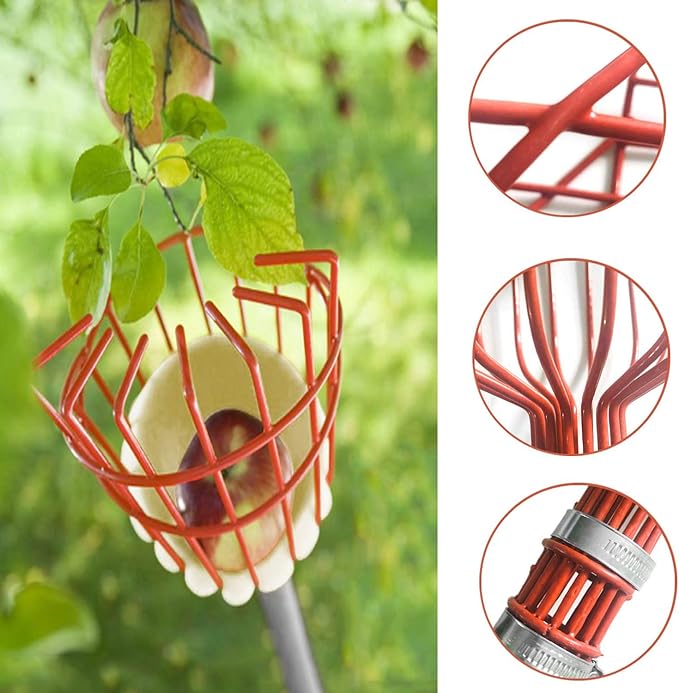 8FT Fruit Picker, Fruit Picker Tool with Basket & Adjustable Stainless Steel Handle, Lightweight Fruit Grabber for Apple Mango Avocado Orange Lemon, Easy Assembly & No Ladder Needed for Tall Tree