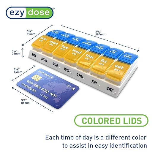 EZY DOSE Weekly AM/PM Pill Organizer, 7-Day Vitamin and Medication Box with Large Pop-Out Compartments, 2 Times a Day Pill Holder for Easy Dosing, Yellow and Blue Lids, Travel-Friendly Design