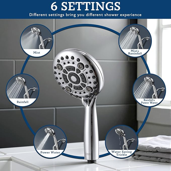 G-Promise Handheld Shower Head High Pressure 6 Spray Settings, Detachable Hand Held Showerhead 4.9 Inch Face with Extra Long Flexible Hose and Angled Bracket for Caddy & Shelf Installation