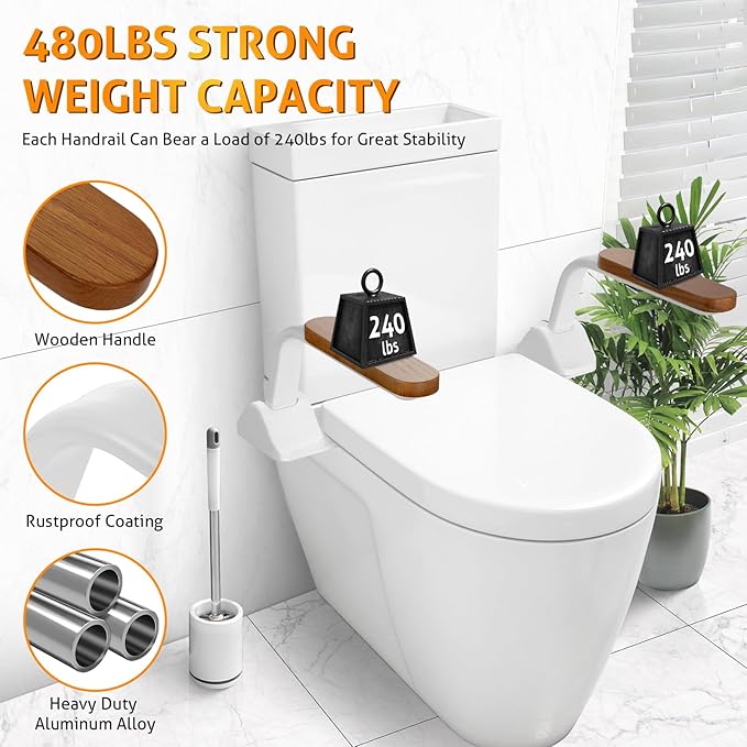 Toilet Safety Rails for Elderly, WICHEMI Toilet Rails for Seniors Adjustable Handicap Toilet Seat with Foldable Wooden Handles Heavy Duty 480LBS Toilet Assist Rails for Seniors, Handicap, Pregnant