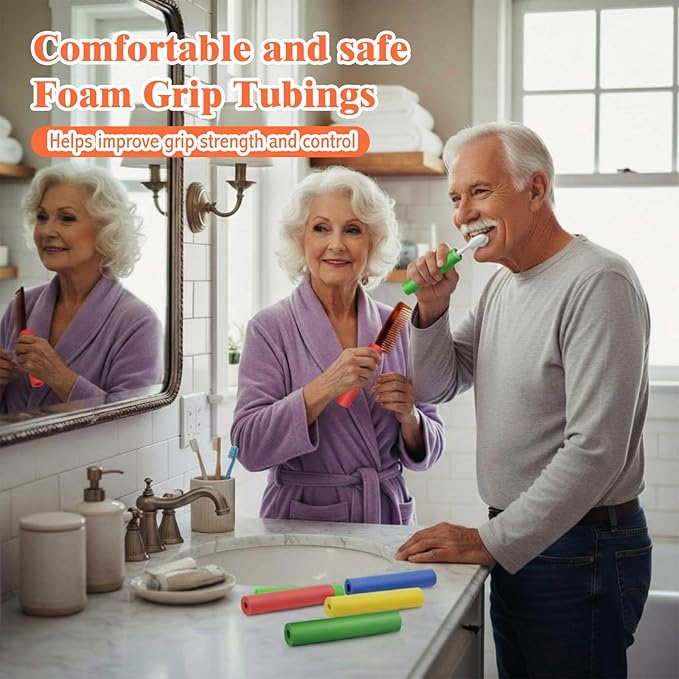 Sivak 24 Pcs Foam Grip Tubing - 3 Sizes Adaptive Built up Grip Aid for Utensils Pens Toothbrushes Forks Spoons Comfort Foam Handle Tubing for Elderly Disabled Arthritic Handicapped, Multicolor 8 Inch